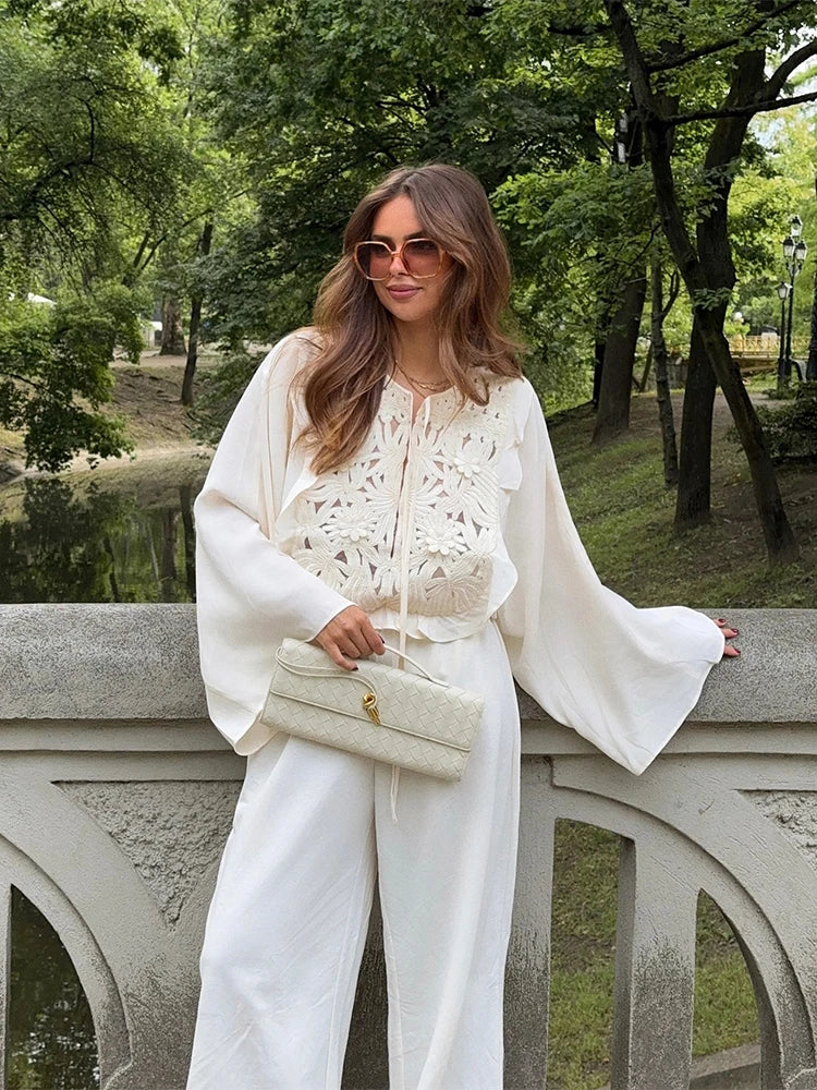 Floral Hollow Embroidery Mini Skirt Sets Women 2 Pieces Flare Sleeved Women Suit Casual Two Piece Set Summer Women Outfit