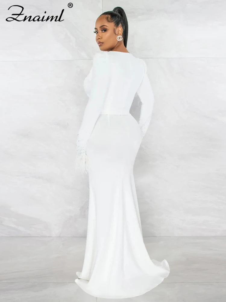 Znaiml Elegant Mermaid Skirt and Deep V Neck Feather Diamonds Long Sleeve Crop Tops Women Two Pieces Party Evening Matching Sets