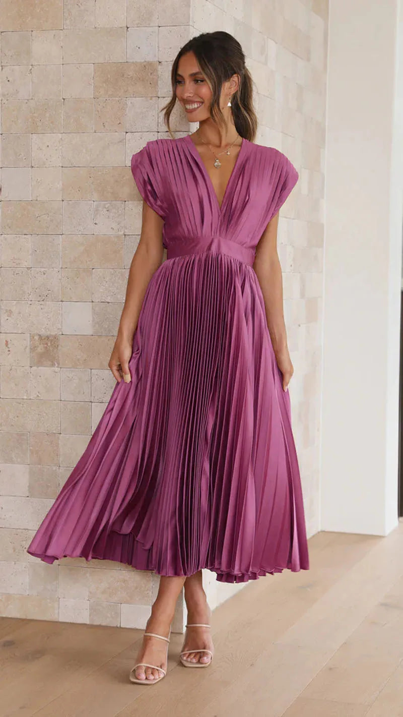 Elegance Draped V-Neck Pleated Skirt Dress 2025 Women Solid Strapless Backless Patchwork Loungewear Simple Maxi Dress