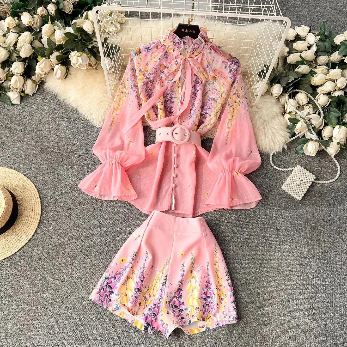 Women's Outfits Bright Silk Chiffon Shirt Blouse Top + Belt Shorts Two Piece Sets Summer Holidays Lavender Flower Shorts Suit