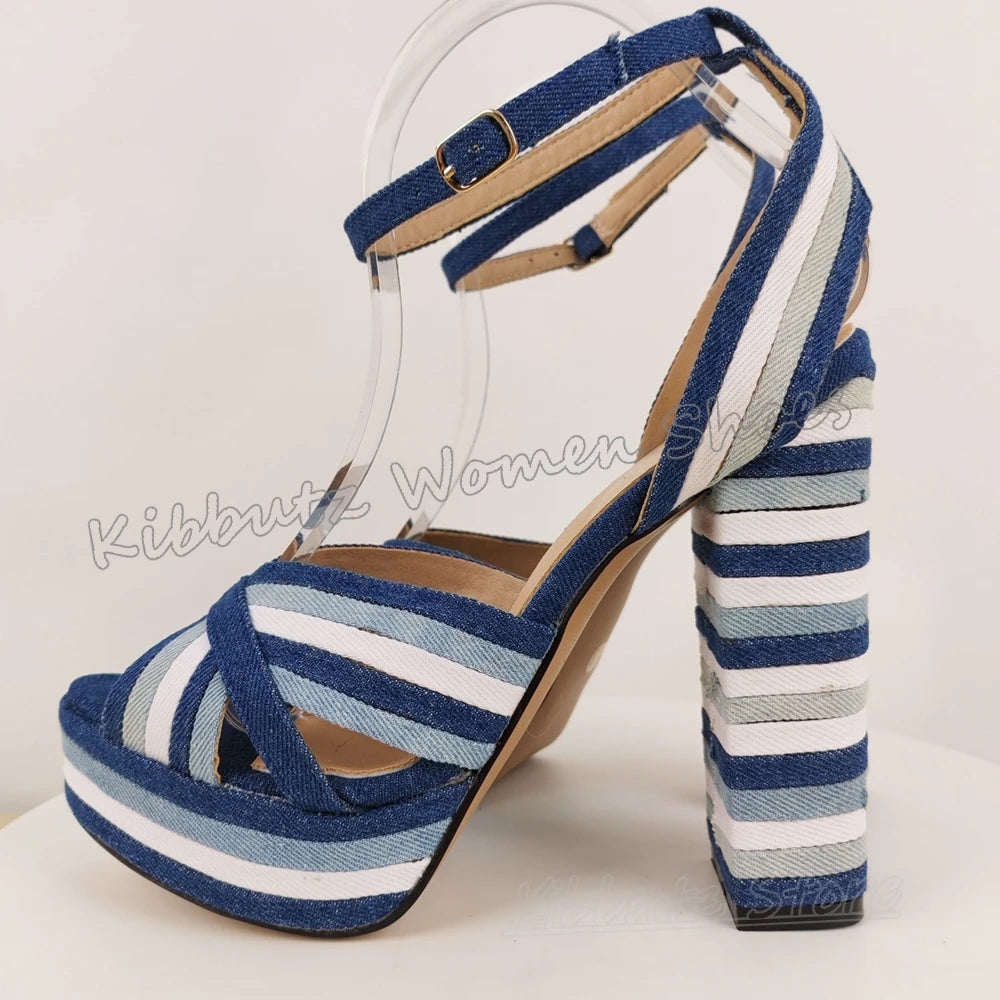 Striped Sandals Platform Cross Strap Buckle Round Toe Chunky Heels Leather Novelty Fashion Luxury Concise Summer Beach Shoes New
