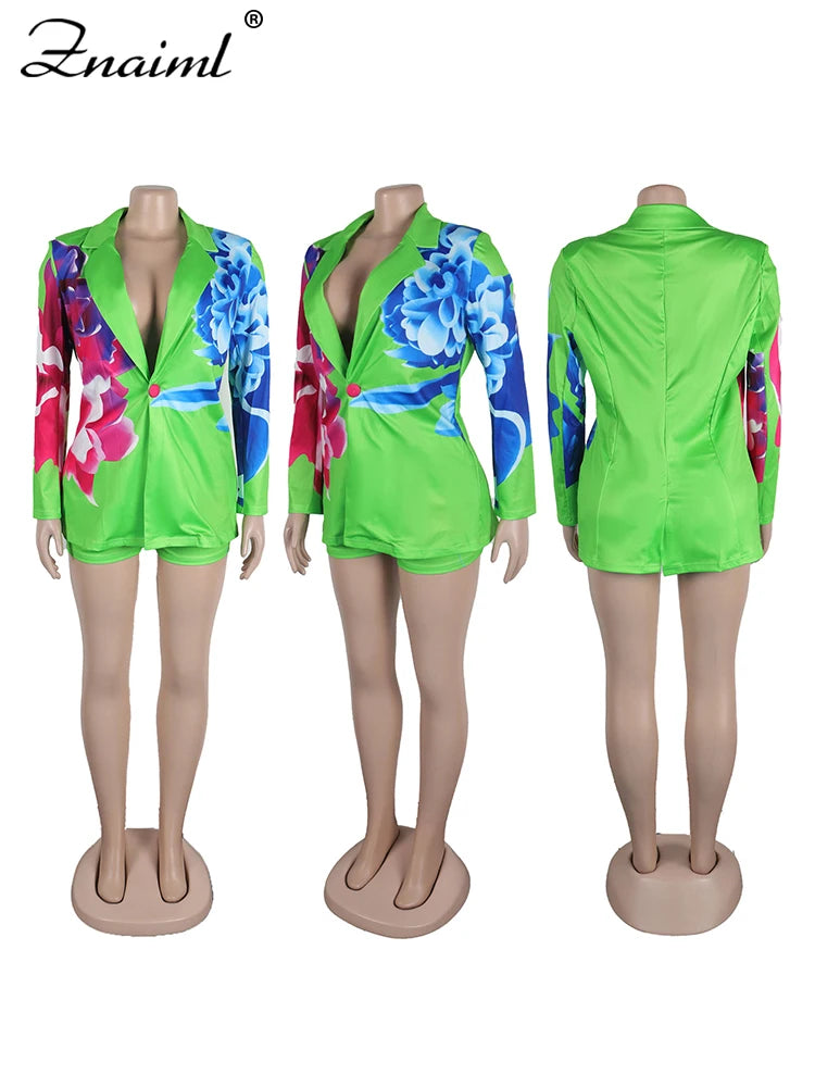Znaiml Elegant Office Lady Blazer Single Button Jacket Coat and Shorts Two 2 Piece set Women Trendy Classic Print Matching Suits