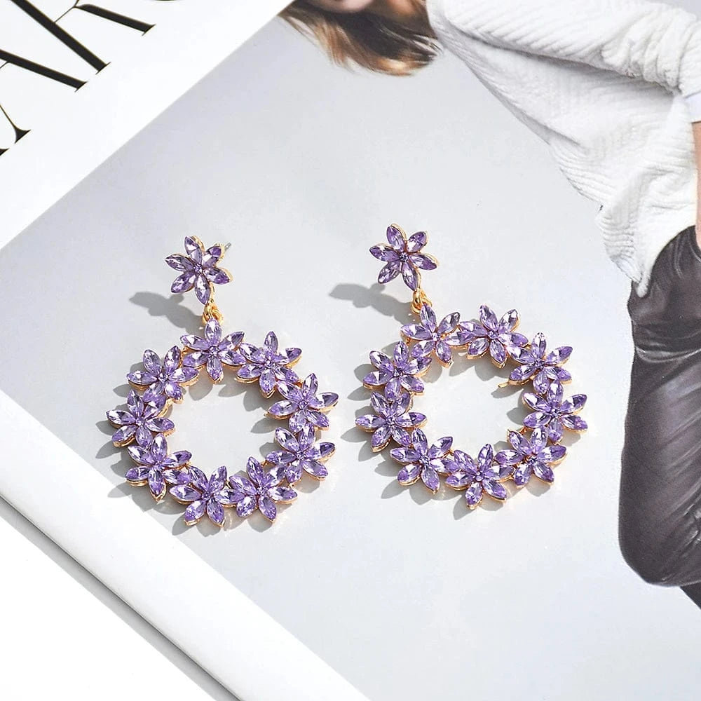 New Arrival Flower Colored Glass Stone Drop Earrings For Women Girls Crystal Accessories Statement Jewelry Wholesale