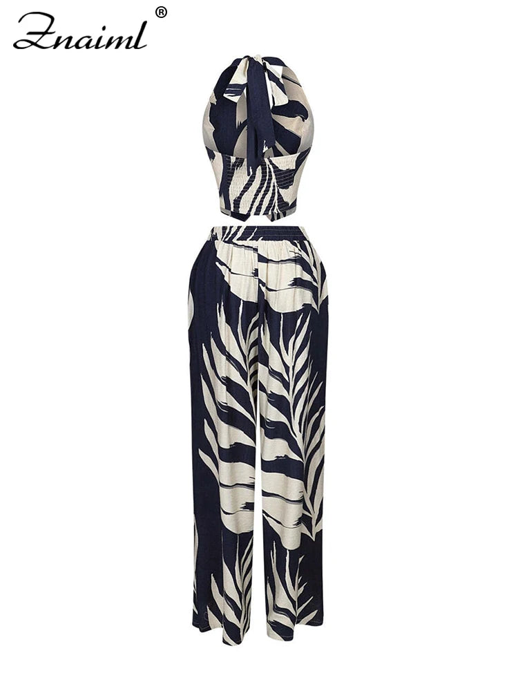 Znaiml Sexy Boho Leaf Printed Wide Leg Pants Sets for Women Halter Sleeveless Crop Tops and Trousers Two 2 Piece Vacation Outfit
