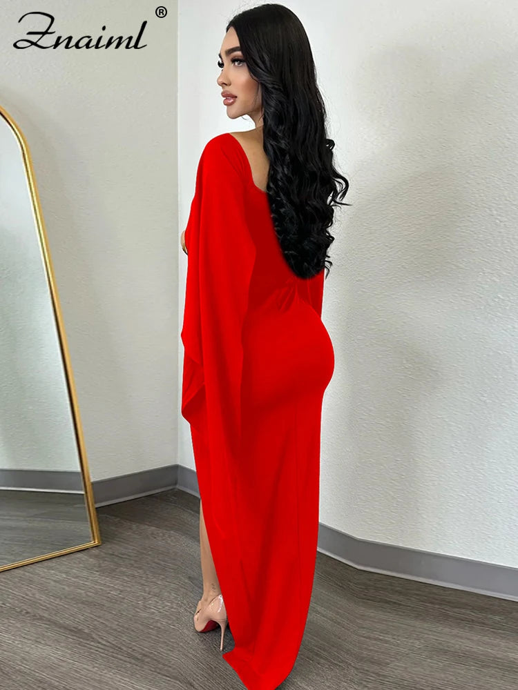 Znaiml Elegant Flare Sleeve Celebrity Nightclub Maxi Long Dresses for Women Sexy High Split Evening Party Prom Birthday Vestidos