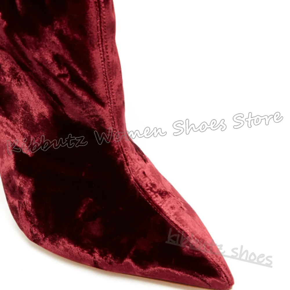 Ankle Modern Boots Velvet Solid Color Pleated Fashion Elegant Comfortable Sexy Luxury Women Shoes New Pointy Thin Heels Slip-On