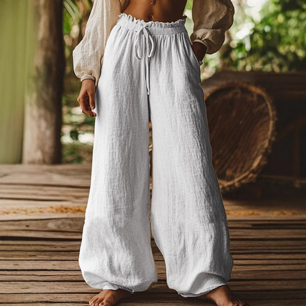 Women's Cotton and Linen Casual Loose Wide Leg Pants Autumn Retro Elastic Waist Drawstring Tied Pocket Pants Ethnic Vacation