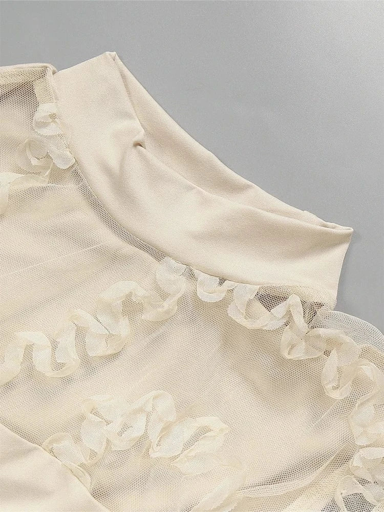 Summer 2025 Women's Long-Sleeve Lace Trim Mesh Blouse round Neck Versatile Thin Model Bottoming Shirt