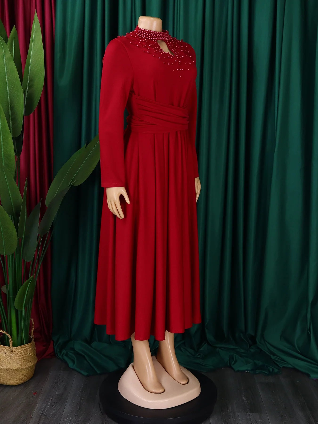 Fashionable High-collar Elegant Embroidered Large Dress Women Waist-shaping African Dress Trendy Plain Pattern Long Skirt