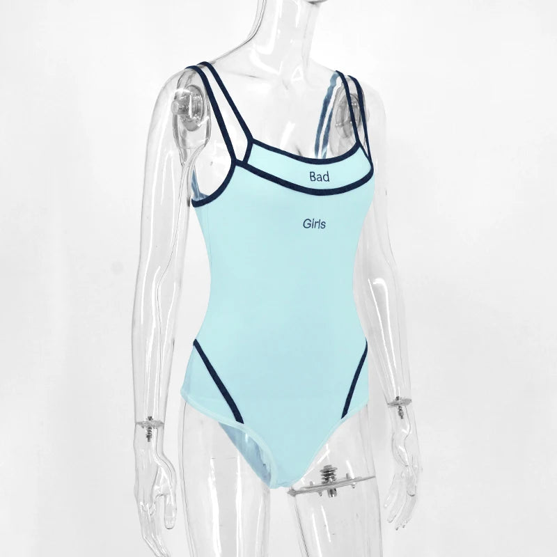 Women Sports Bodysuits Solid Summer Sexy Sling Sleeveless Casual Slim Bodysuits Fashion O-Neck Embroidery Letter Skinny Rompers
