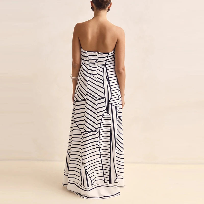 Casual Off Shoulder High Waist Loose Long Dress Backless Printed Holiday Women Dresses Summer Sexy Strapless Pleated Beach Dress