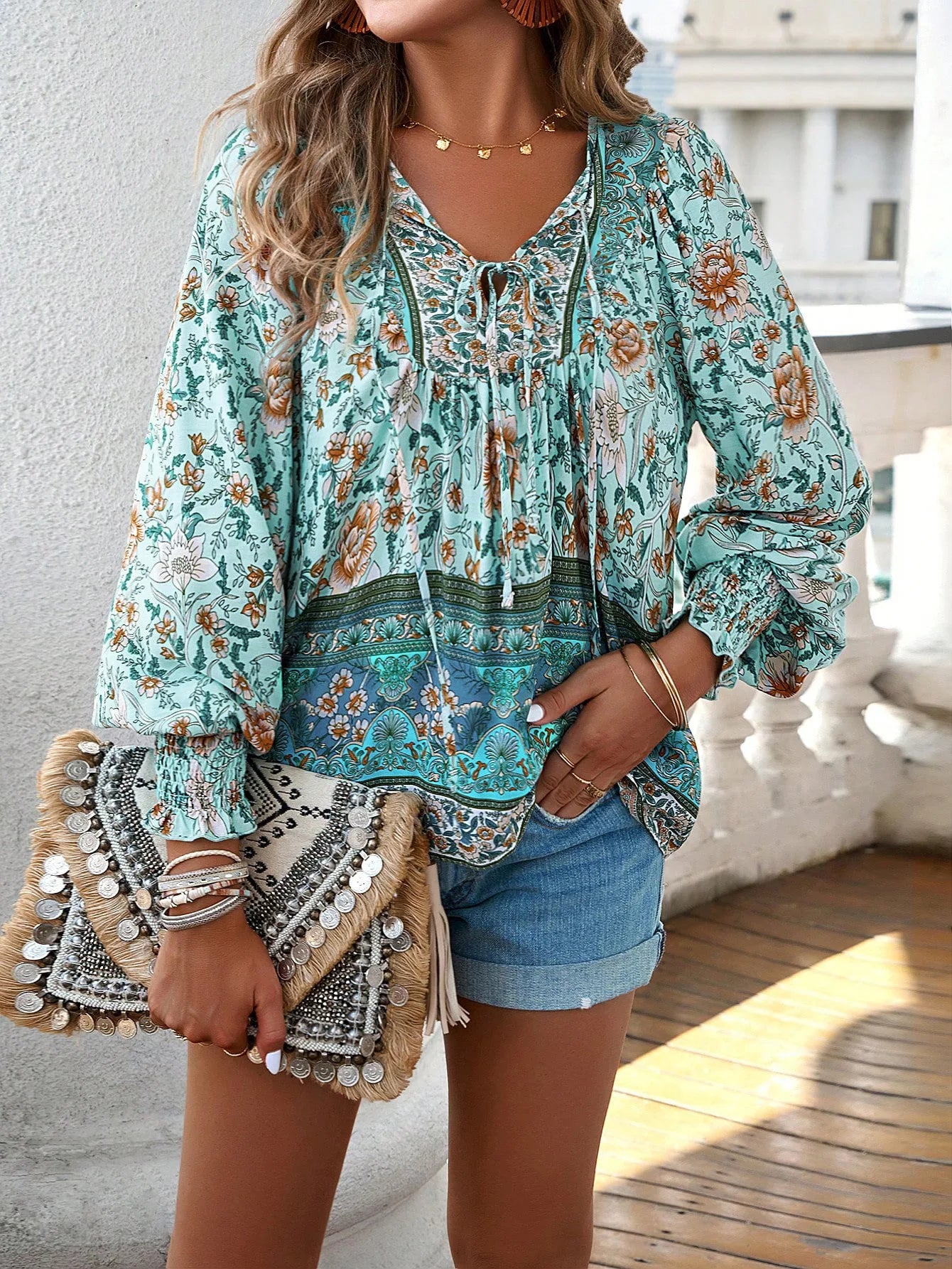2025 Spring Summer Printed Shirt Women Elegant Chiffon V-neck Long-sleeve Top
