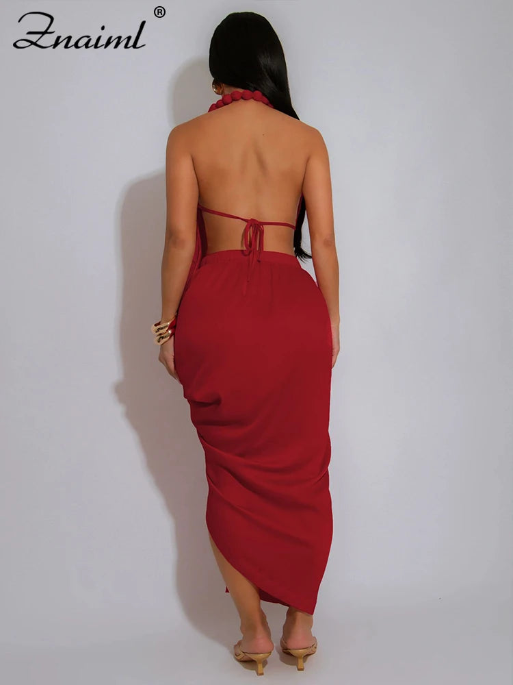 Znaiml Sexy Sleeveless Backless Halter Side Split Deep V-Neck Bodycon Dress Elegant Women Birthday Midnight Party Club Vestidos