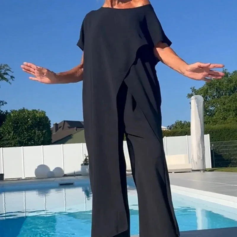 Chic Crew Neck Slit Long Top+High Waist Pant 2 Piece Set Woman Casual Solid Cotton Linen Suits Summer Short Sleeve Loose Outfits