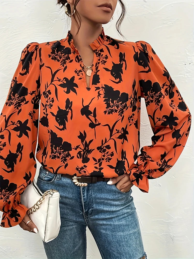 Women's Plant Flower Print Flared Long Sleeve Shirt
