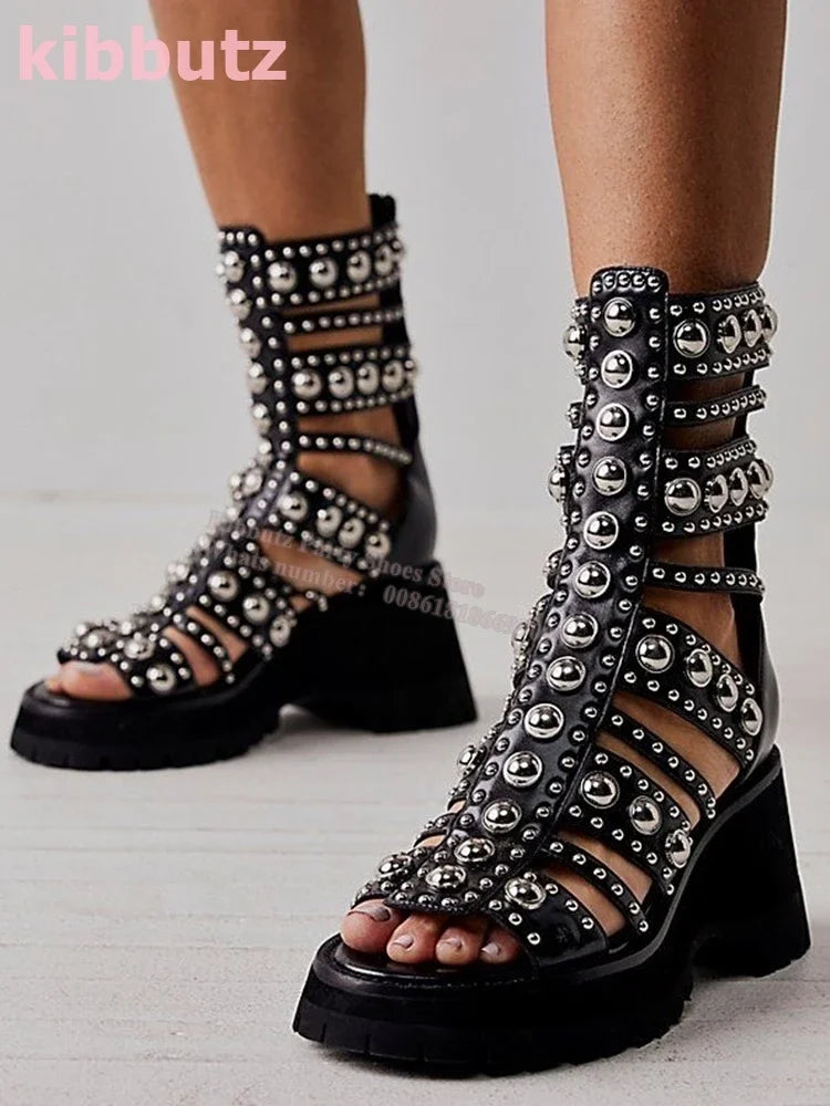 Bordered Rivets Sandal Boots Round Toe Platform Chunky Heels Genuine Leather Back Zippers Fashion Concise Novelty Sexy Shoes New