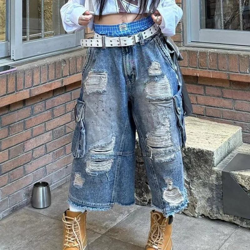 2025 American Vintage Old Baggy Slim Machete Denim Shorts Female Y2K Harajuku Hot Girl Washed Hole Denim Cropped Pants Tide