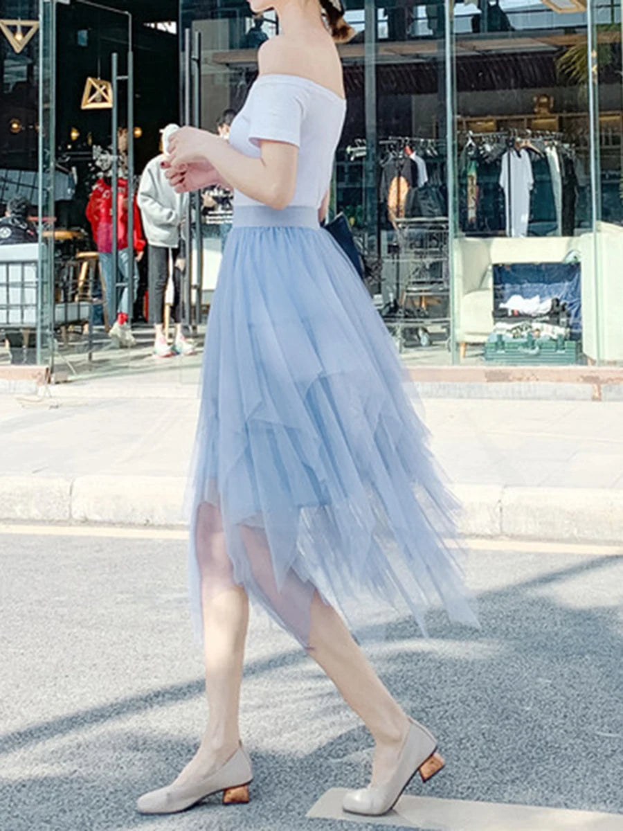 Women Tutu Tulle Skirt Elegant High Waist Mesh Tiered Layered Half Skirt Female Prom Party Midi Skirt for Summer Fairycore Y2K