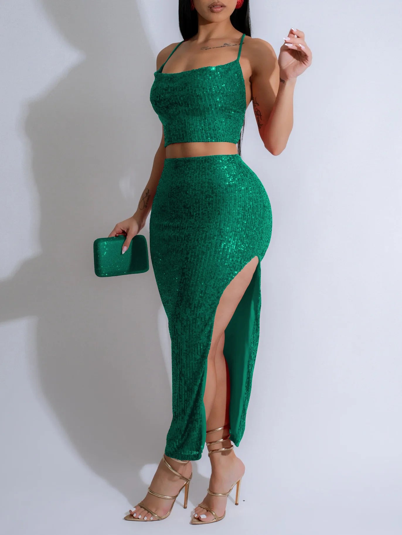 CM.YAYA Women Strapless Sleeveless Sequined Top + Long Skirt Suit 2025 Street Sexy Party Matching Two 2 Piece Dress Sets Outfit