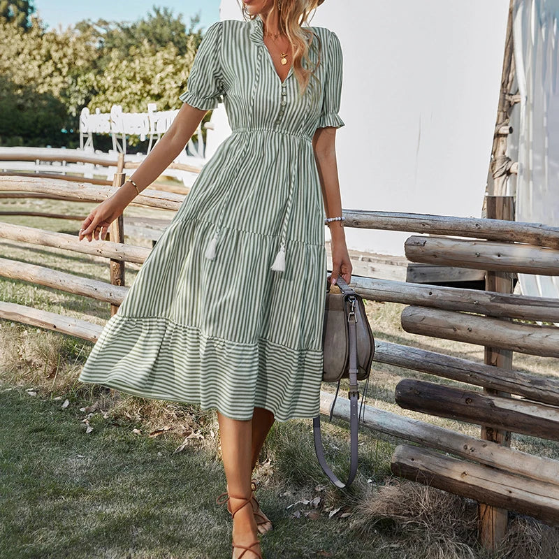 Summer Women's Striped Short Sleeve V-Neck Elastic Waist Dress