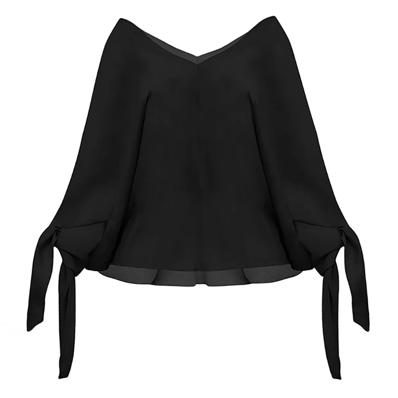 New Spring Autumn Loose V Neck Chic Blouses, Women Casual Batwing Sleeve Simple Tops, 2025 Solid Lace-Up Patchwork Ladies Shirts