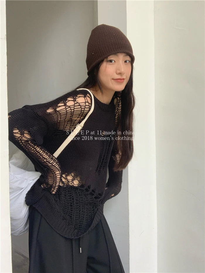 Karrram Gothic Hollow Out Sweater Hole See Through Oversized Knitted Pullovers Emo Streetwear Grunge Clothes Y2k Tops Spring