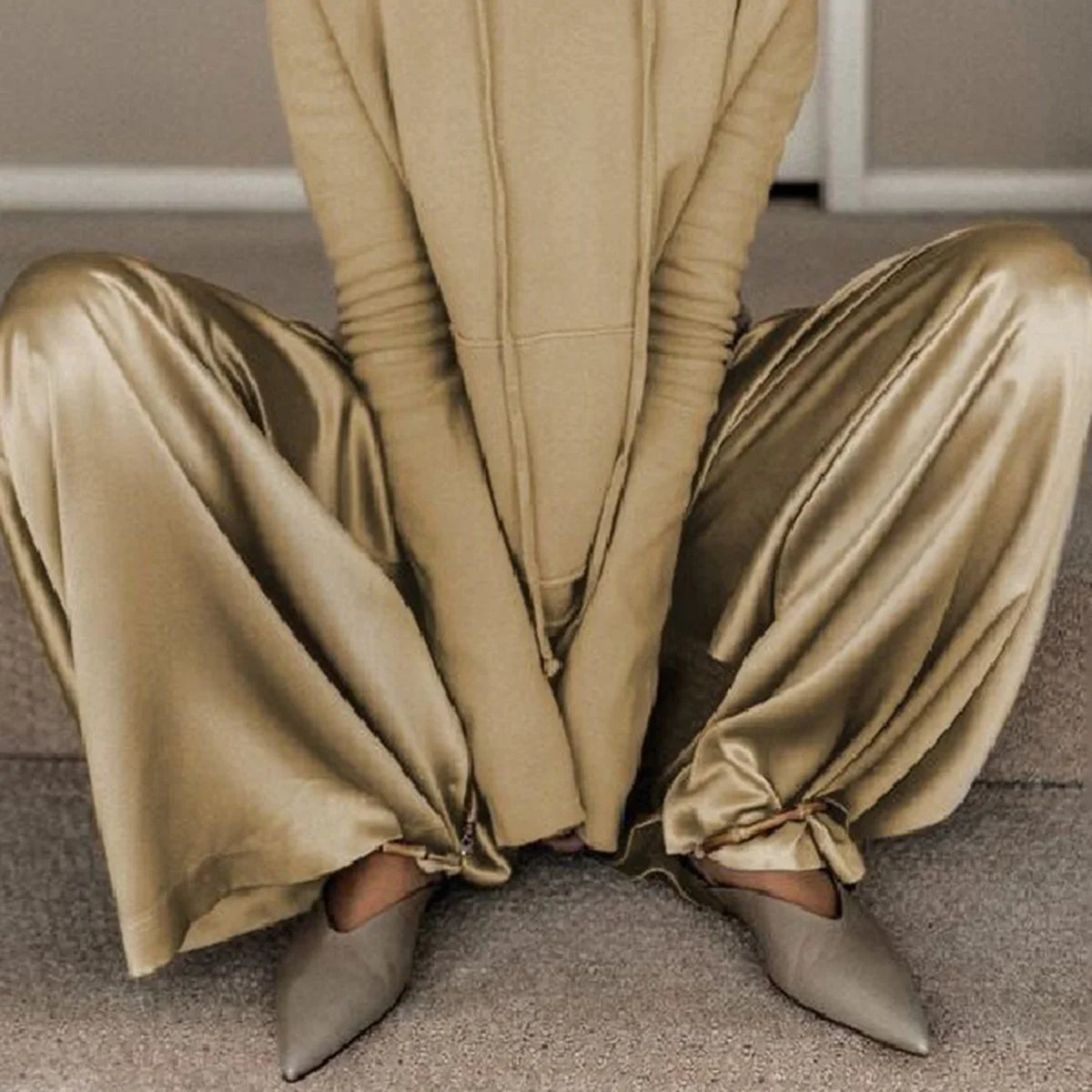 2025 Autumn Fashion Suit for Women Drawstring Hooded Sweatshirt and High Waist Wide Leg Pants Casual Pant Sets