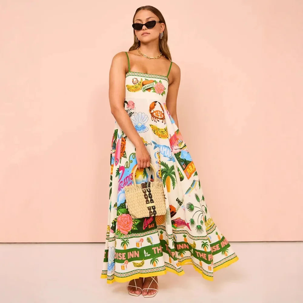 Sexy Off-Shoulder Graffiti Cotton Linen Print Maxi Dress Women's New Hot Sale Of The Season Sleeveless Loose Fit Gown for Women