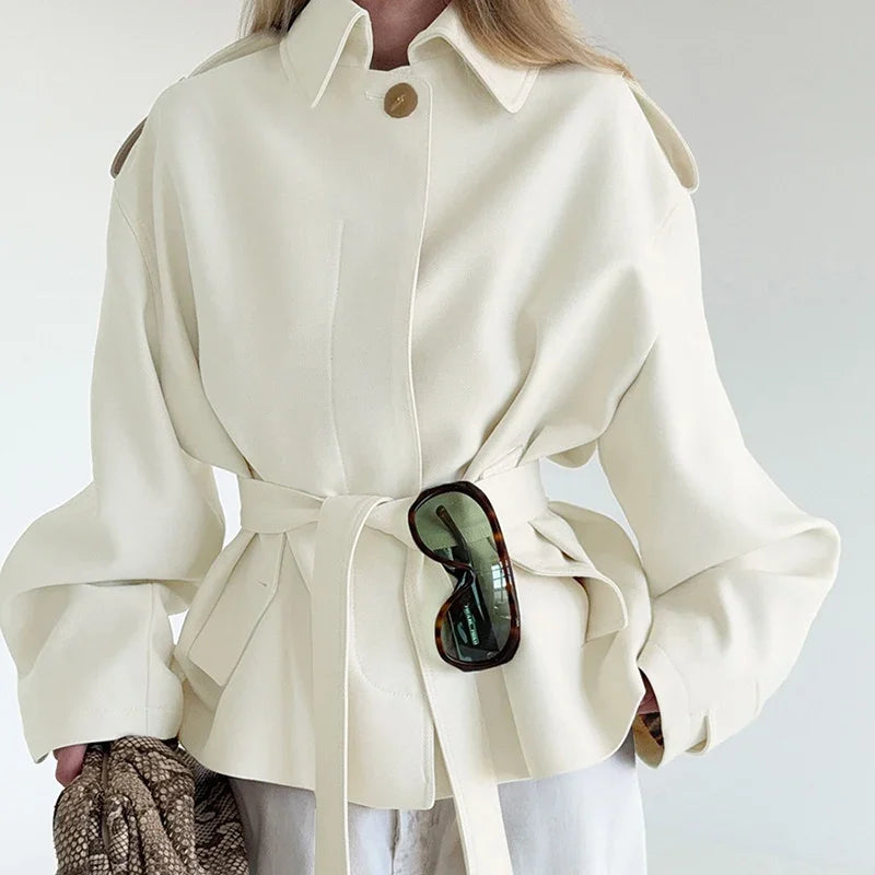 Elegant Belted Vintage Style With Stand Collar Coat for Women