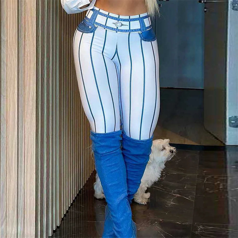 FCCEXIO Fashion Denim Stripe Print Women Sports Leggings High Waist Running Sexy Tight Fitness Workout Yoga Gym Push Up Cowboy P