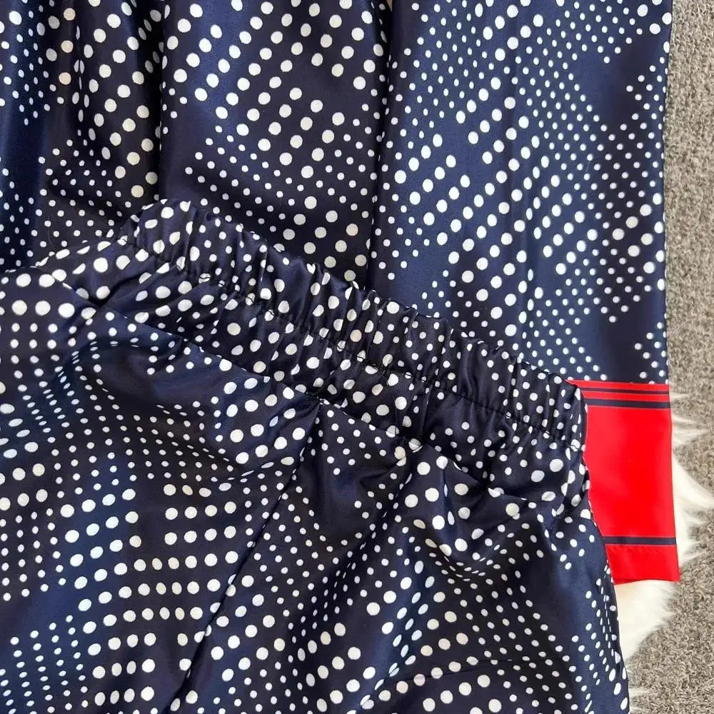 Women Contrast Dot Print V-Neck Loose Lace Up Top+Elastic Waist Wide Leg Pant Suit Autumn Fashion Kimono Cardigan Two Piece Set