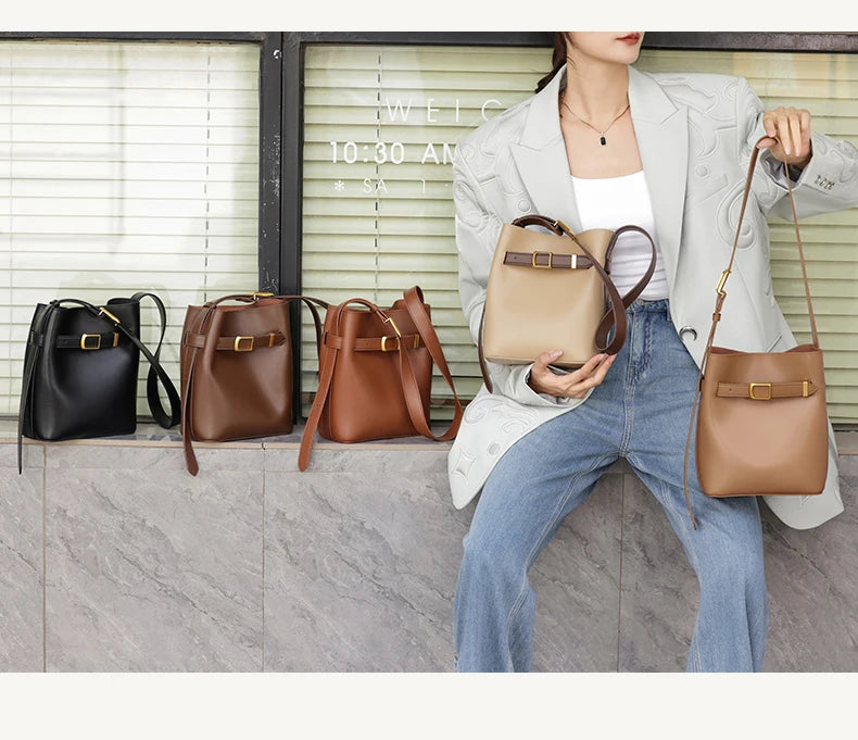 Cow Split Leather Bucket Bag Women Vintage messenger High Quality Simple Handbag Lady Shoulder Bag Luxury Female Crossbody Bags