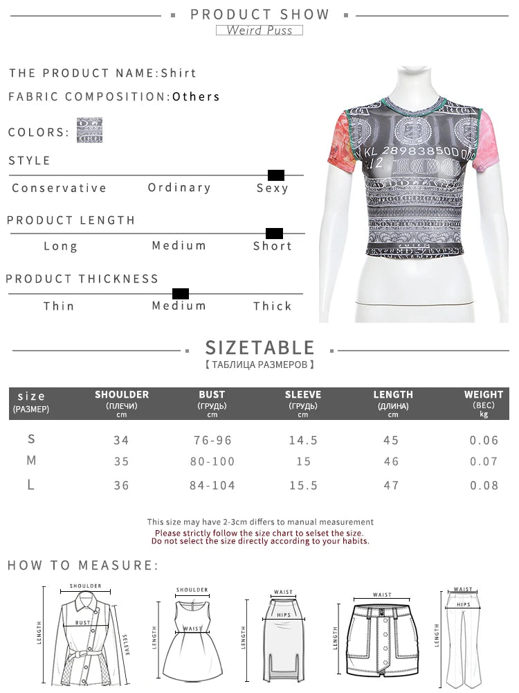 Weird Puss See Through Crop Tops Women Numeral Print Short Sleeve O-Neck Sexy Club Patchwork Streetwear Skinny Hot Girls Tees