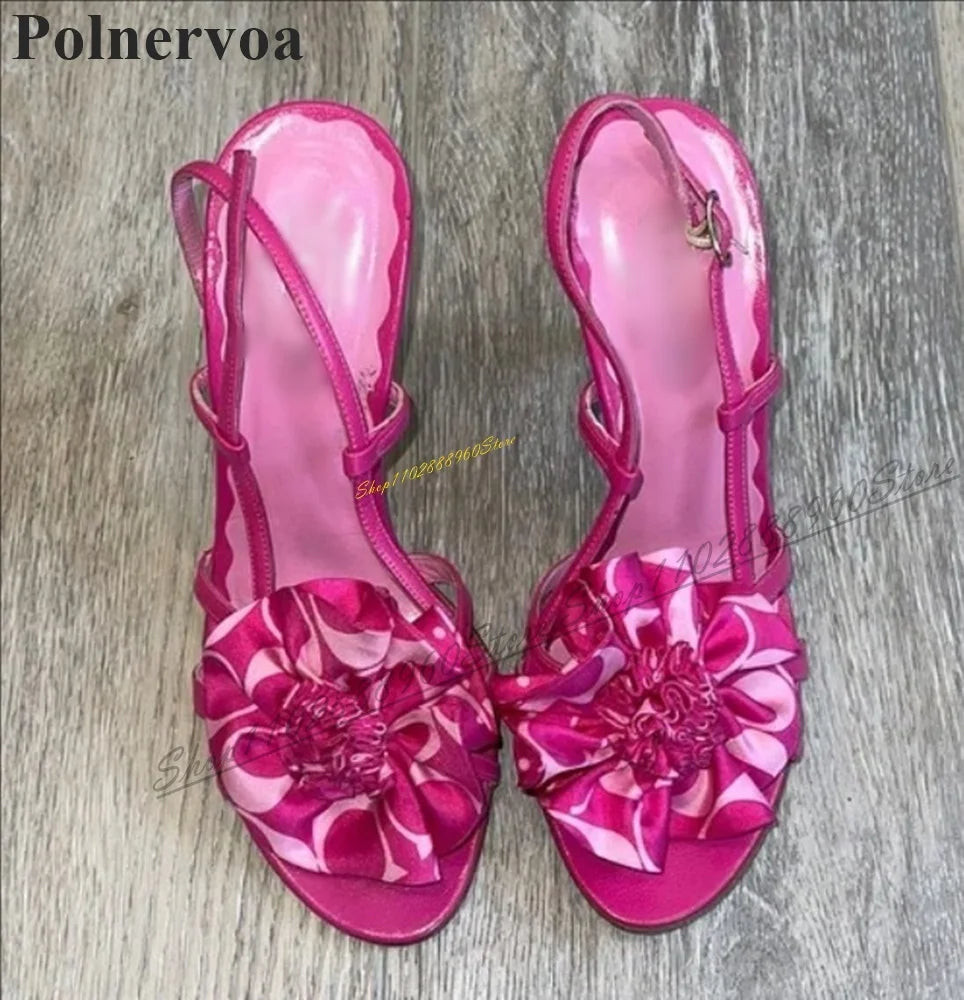 Slingback Pink Narrow Strap Silk Flower Sandals Thin High Heel Women Shoes Back Strap Open Toe 2024 Fashion Zapatos Para Mujere