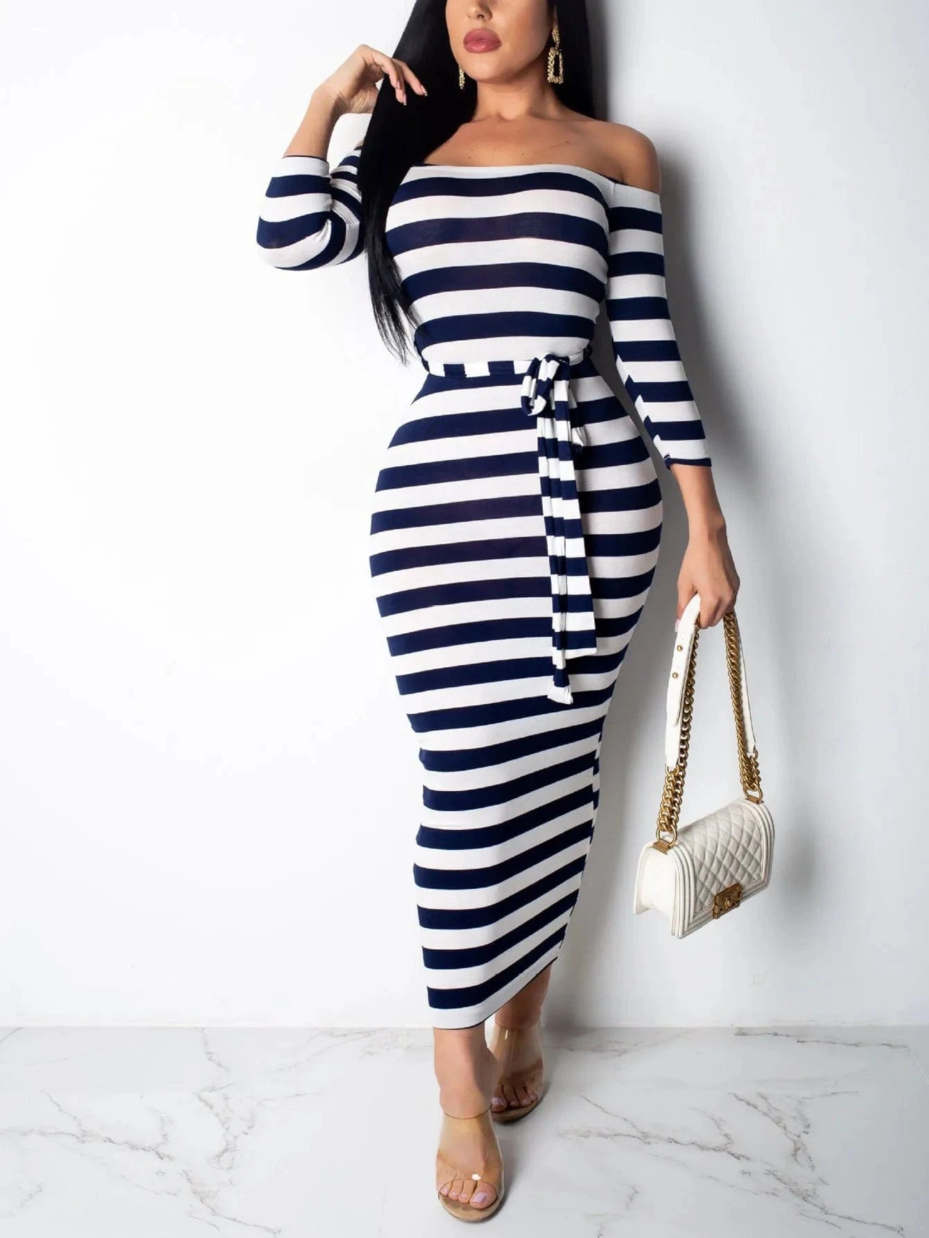 New 2024 Casual Women Dress Summer Striped Bodycon Midi Dresses Slash Neck Lace Up Three Quarter Pencil Dresses