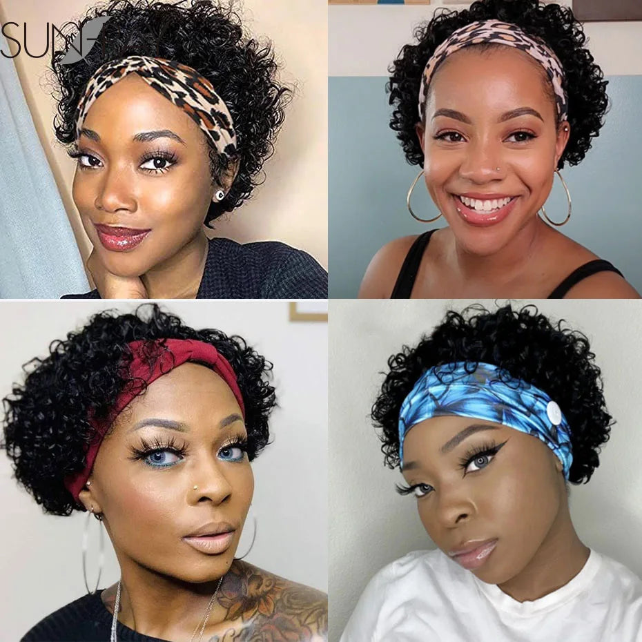 Short Curly Pixie Cut Headband Wig Water Wave Remy 100% Brazilian Human Hair Scarf Wigs For Women Machine Made Long Straight Wig