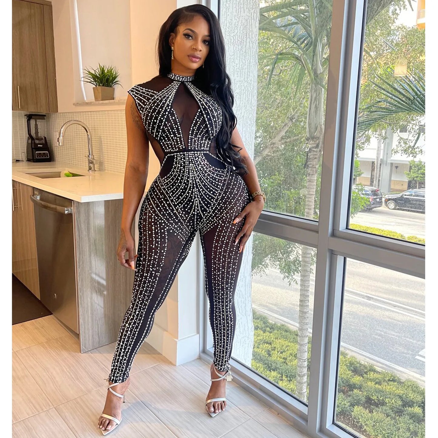 CM.YAYA 2024 Spring/Summer Women Fashion Rhinestone Mesh See Through Sleeveless Jumpsuits Sexy Party Club One Piece Suit Outfits