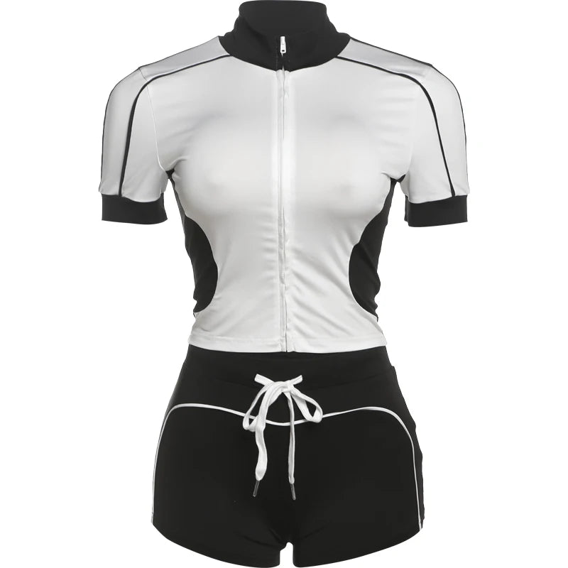 Weird Puss Summer Women Casual 2 Piece Set Tracksuit Zip Patchwork Shorts Sleeve Crop Tops+Shorts Stretch Sporty Outfits