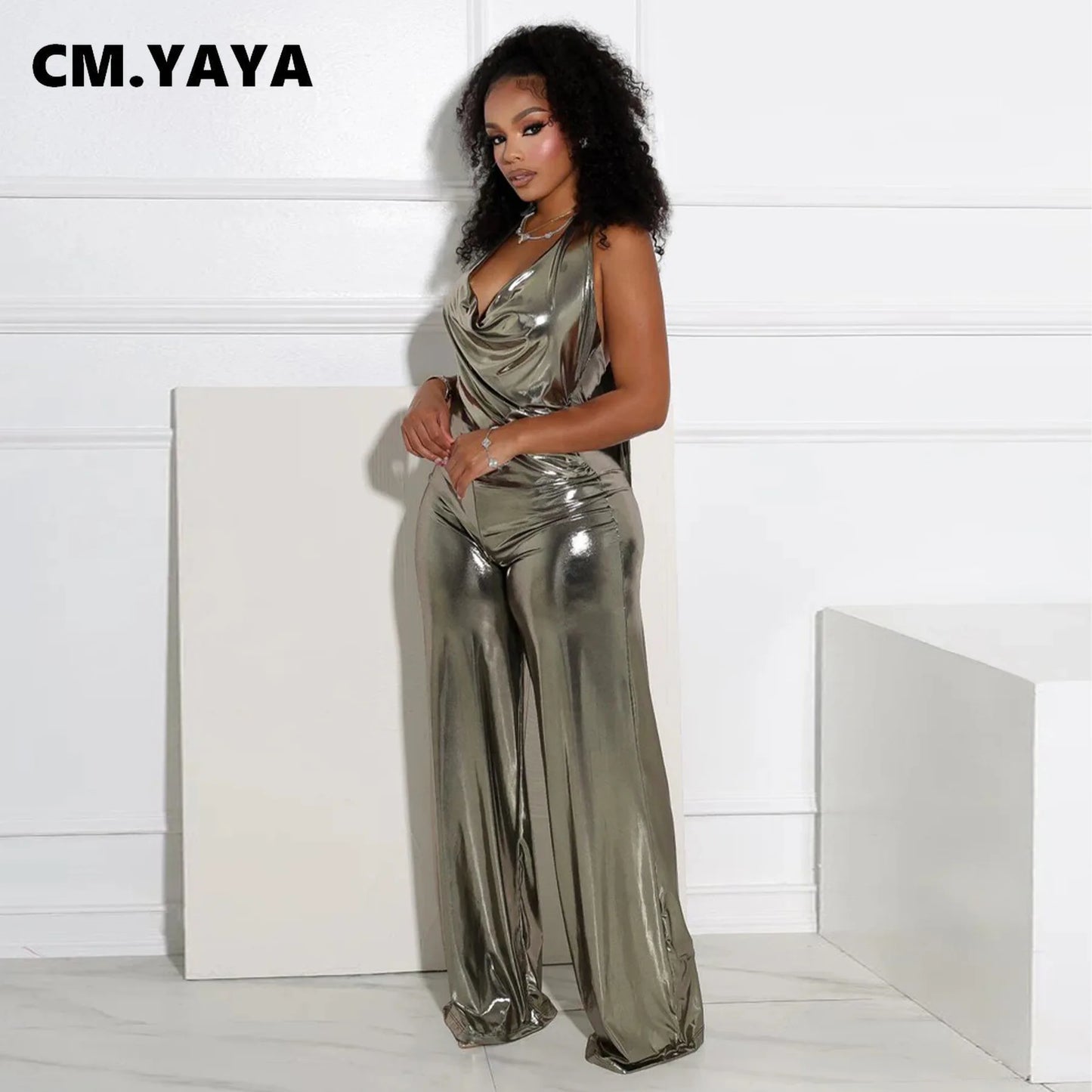 CM.YAYA Women Heaps Collar V-Neck Backless Wide Leg Straight Sleeveless Jumpsuits Spring Sexy One Piece Set Streetwear Outfits