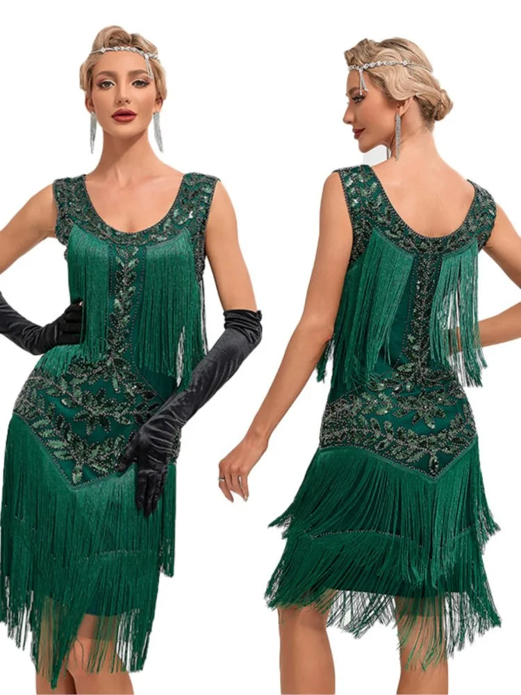 Sequined Beaded Embroidery O Neck Knee Length Dress for Women