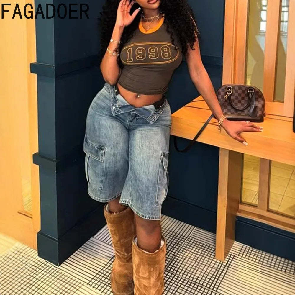 FAGADOER Y2K Sexy Bodycon Denim Pants Women Solid Color Cargo Pocket Patchwork Jeans Female Streetwear Bottoms 2025 Summer New