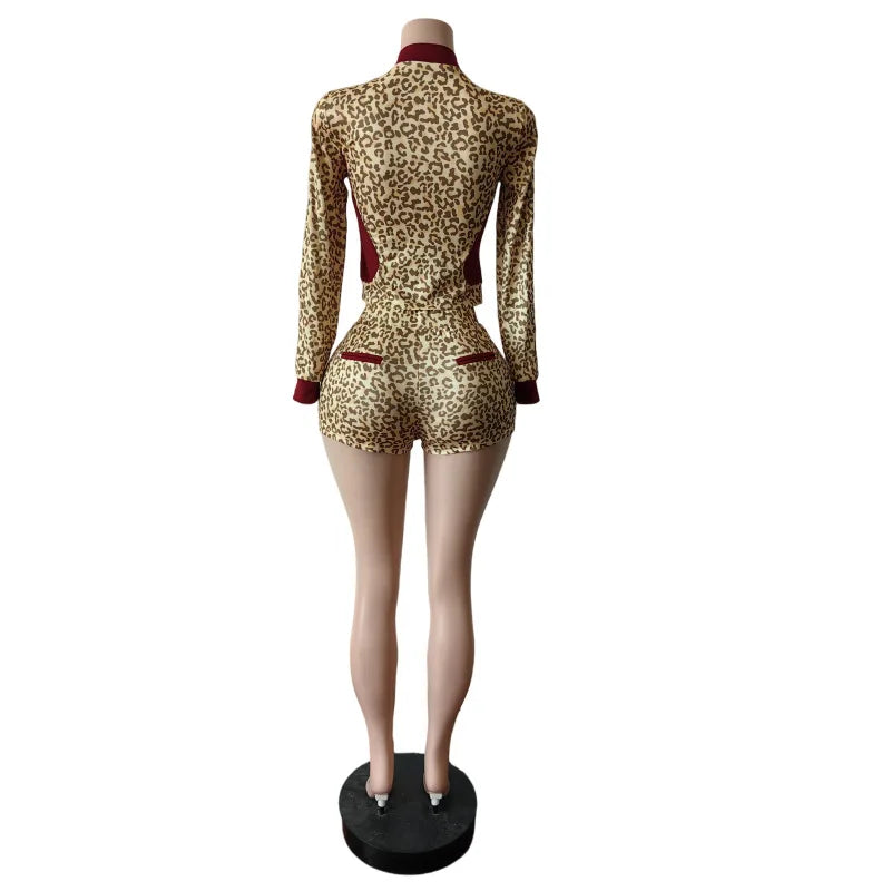 Weird Puss Casual Women 2 Piece Set  Tracksuit Leopard Print Patchwork Zip Crop Jacket+Shorts Sporty Stretch Streetwear Outfits