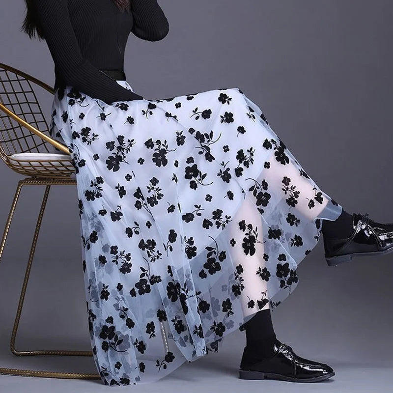 Flocking Floral Pirnted Long Mesh Skirt for Women, High Waist, Max Pleated Tutu, Tulle Skirt, Gauze Skirt, Female, 2025