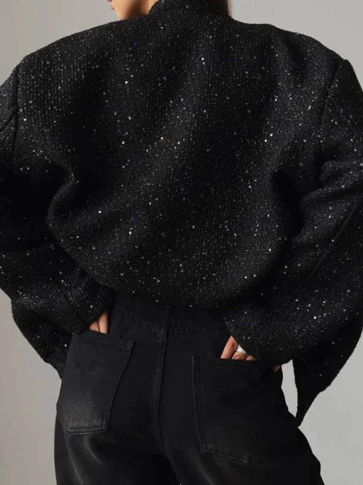 Suninheart Women's Sequined Bomber Jacket Fall O Neck Long Sleeve Pocket Stretch Hem Sequins Jacket Coat Female Chic Outerwear