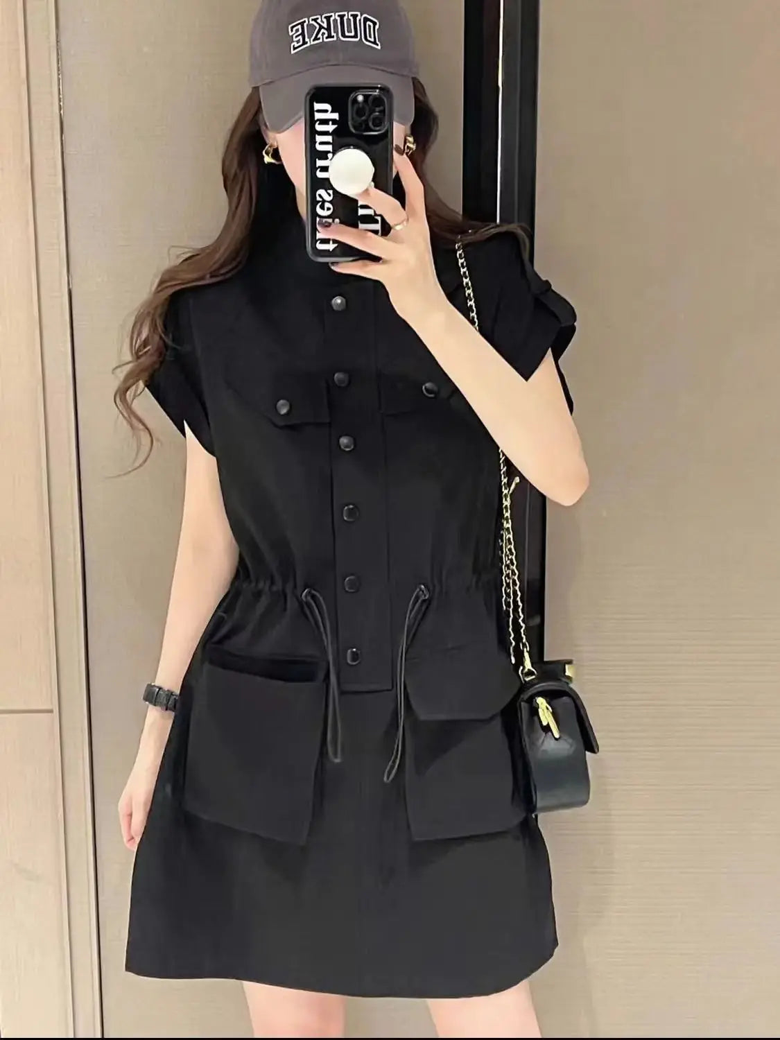 European Retro Stand Collar Drawstring Midi Dress for Women