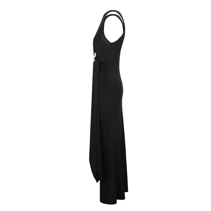 Black Sexy Women's Maxi Dresses Summer New Sexy Hollow Out Split Dress Streetwear Fashion Female Tank Sleeve Dresses Clothing