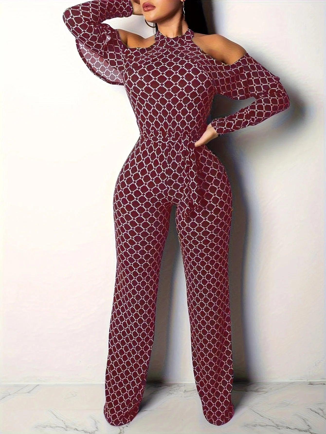 Plaid Print Rompers Womens Jumpsuit Off Shoulder Ruffles Long Sleeve Bandage Overall Elegant Belted Plus Size Wide Leg Bodysuit