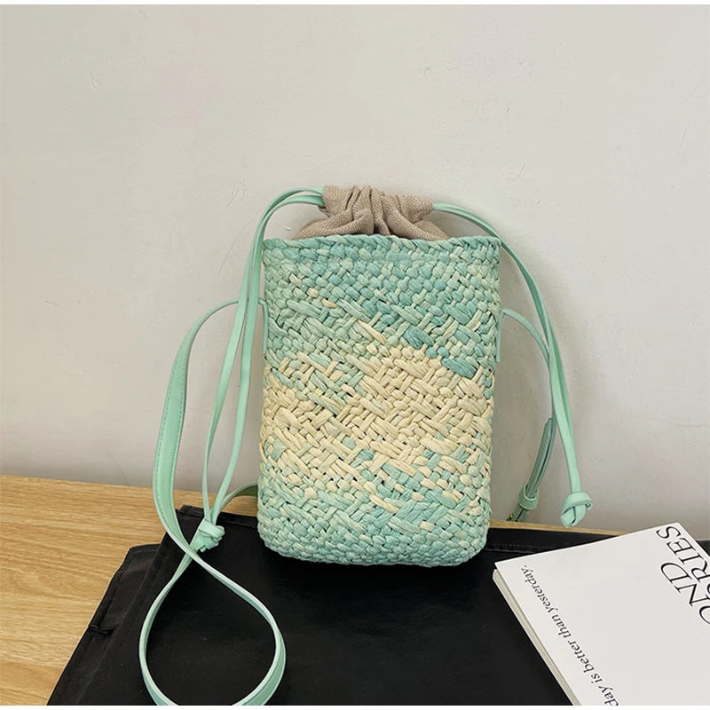 Brand Gradient Raffia Crossbody Bag Straw Drawstring Bohemian Summer Beach Travel Design Shoulder Bag Shop Basket Crossbody Bag