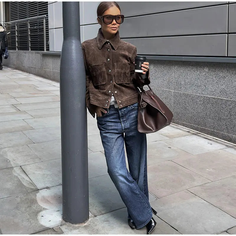 Big Pockets Suede Short Women's Jackets Vintage Lapel Single Breasted Full Sleeve Jacket Lady 2025 Spring Fashion Streetwears