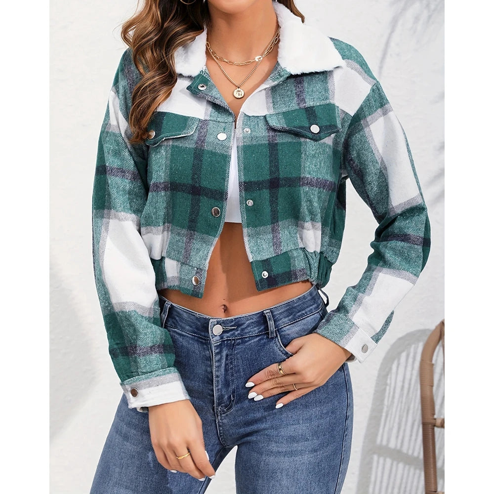 Women Fluffy Turn-down Collar Striped Print Covered Button Short Jackets Autumn Long Sleeve Coat Outfits Winter Clothing